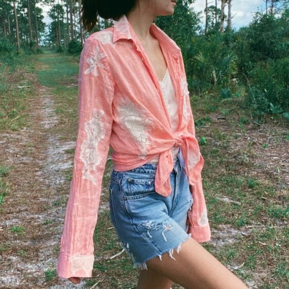 Vintage Orange Linen Floral Lace Button Down Blouse - Picture 8 of 11